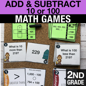 Preview of 2nd Grade Math Centers 10 More 10 Less & 100 More 100 Less Task Cards 2.NBT.8
