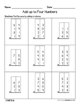 2nd grade add up to 4 2 digit numbers no prep practice worksheets