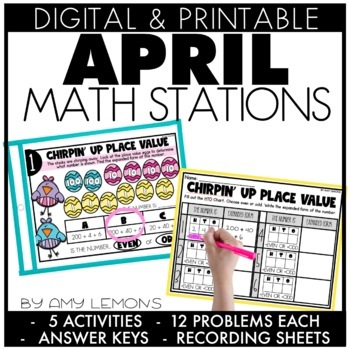 Preview of 2nd Grade April NO PREP Math Centers for Spring | Math Stations