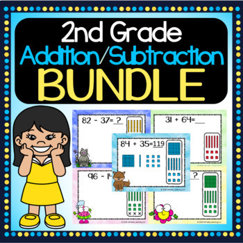 Preview of 2nd Grade Base 10 Math Review - Add & Subtract BUNDLE | Digital & Interactive