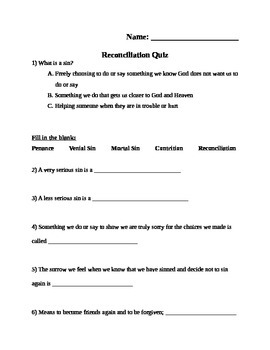 Preview of 2nd Grade Catholic Reconciliation Quiz