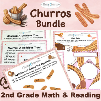 Preview of 2nd Grade Churros Math Add Subtract 2.OA.A.1 & Reading RI.2.2 Main Topic Bundle