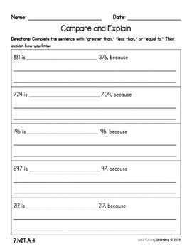 2nd grade comparing 3 digit numbers no prep practice worksheets