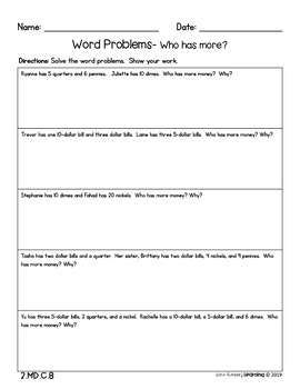 2nd Grade, Counting Money and Word Problems- No Prep Practice Worksheets