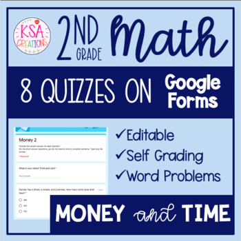 Preview of 2nd Grade Math | 8 Money & Time Quizzes on Google Forms™ | Distance Learning
