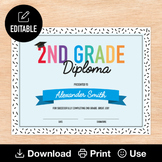 2nd Grade Diploma, Editable & Printable Blue Graduation Ce