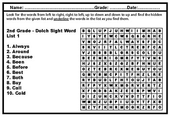 2nd grade dolch sight words word search puzzle worksheets no prep sub plan