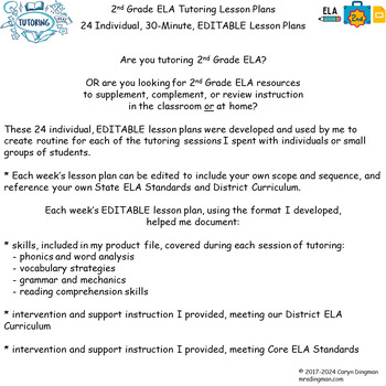 Preview of 2nd Grade ELA 24 Individual Editable Tutoring Lesson Plans