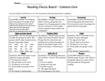  2nd Grade ELA Choice Board Common Core by gateacher TpT