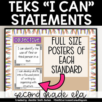 Preview of 2nd Grade ELA TEKS I Can Statements Full Size Objective Posters Black and White