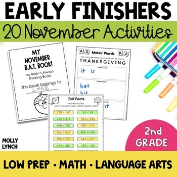 Preview of 2nd Grade Early Finishers November | Fast Finishers BAT Book for 2nd Graders