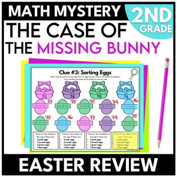 Preview of 2nd Grade Easter Math Mystery Bunny Review Worksheets Escape Room