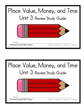 Preview of 2nd Grade Everyday Math: Unit 3 Review Study Guide- Place Value, Money & Time