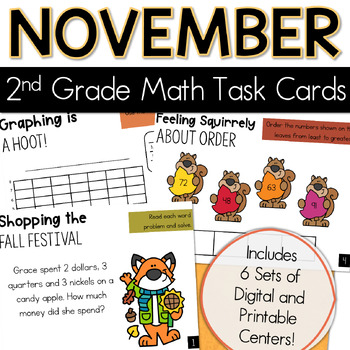 Preview of 2nd Grade Fall/Autumn Math Task Cards and Centers for November