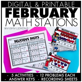 Preview of Valentine's Day Math Centers for 2nd Grade - February Math Stations NO PREP