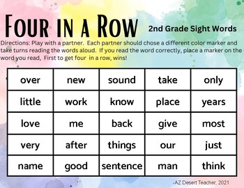 2nd Grade Four in a Row Sight Words by AZ Desert Teacher | TPT