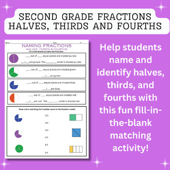Preview of 2nd Grade Fractions, Naming Fractions,Halves, Thirds, Fourths Practice Worksheet