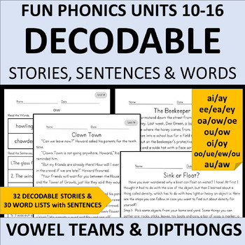 Preview of 2nd Grade Fun Phonics DECODABLES Bundle | Vowel Teams & Dipthongs | Units 10-16