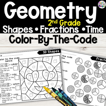 Preview of 2nd Grade Geometry Color By the Code Shapes, Fractions, Time