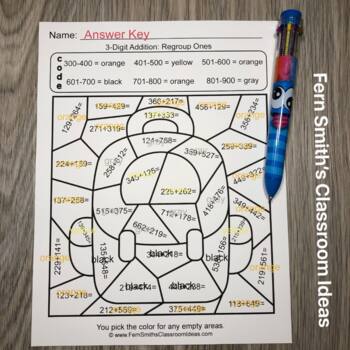 2nd Grade Go Math 6.3 3-Digit Addition: Regroup Ones Color By Numbers