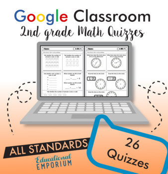 Preview of 2nd Grade Digital Math Quizzes, Google Math Assessments, 2nd Grade