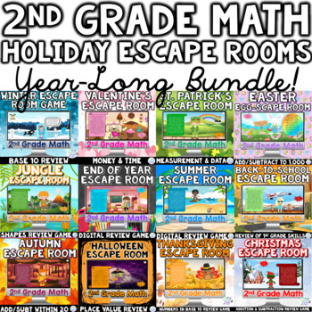 Preview of 2nd Grade HOLIDAY Math Digital Escape Room Games SEASONAL YEAR LONG BUNDLE