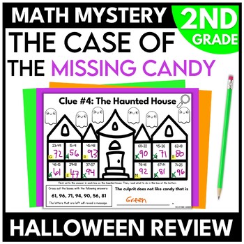 Preview of 2nd Grade Halloween Math Mystery Review Worksheets Escape Room