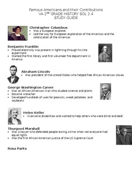 Preview of 2nd Grade History VA SOL 2.4 Study Guide - Famous Americans