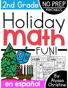 Preview of 2nd Grade Holiday Math Printables | Actividades para la navidad 2do grado
