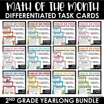 Preview of 2nd Grade Math Task Cards Math Spiral Review Monthly Differentiated Bundle