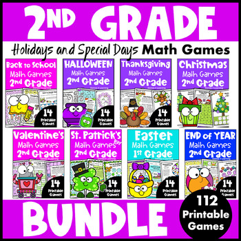 Preview of 2nd Grade Holidays Math Game Bundle - End of Year, Back to School, Halloween etc