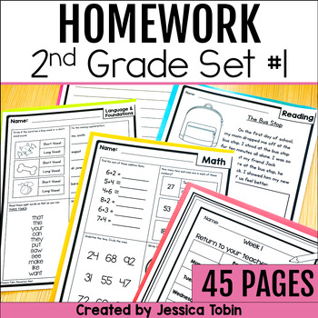 Preview of Homework Packet, 2nd Grade Homework with Folder Cover, ELA and Math Review Set 1