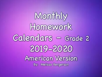 Preview of SALE! 2019-2020 - 2nd Grade Homework Calendars - American Version