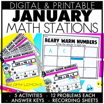 Preview of Winter Math Centers for 2nd Grade | January Math Stations and Activities 