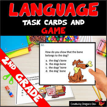 Preview of 2nd Grade Language Task Cards and Game plus TPT Easel