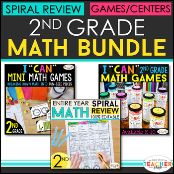 Preview of 2nd Grade Math BUNDLE | Math Spiral Review, Games & Progress Monitoring