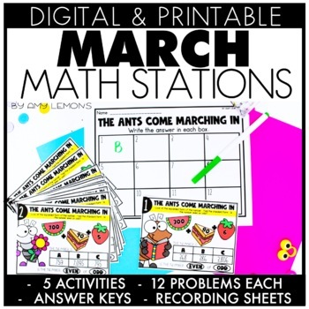 Preview of 2nd Grade March NO PREP Math Centers for Spring | Math Stations