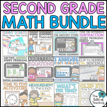 Preview of 2nd Grade Math Bundle | Worksheets, Task Cards, Centers, Digital Activities