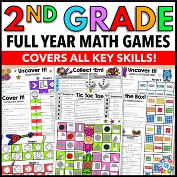Preview of 2nd Grade Math Centers Games No Prep Review Activities Stations Fun Math Bundle
