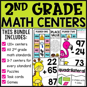 Preview of 2nd Grade Math Centers, Math Games, Math Spiral Review Stations BUNDLE