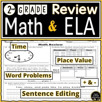 Preview of 2nd Grade Math & ELA Review | 30 Days of Spiral Morning Work  Place Value, Time