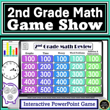 Preview of 2nd Grade Math Review Game Show | Time, Graphs, Money, Addition, Subtraction 