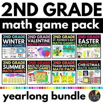 Preview of 2nd Grade Math Games Yearlong Bundle | Second Grade Math Centers and Activities