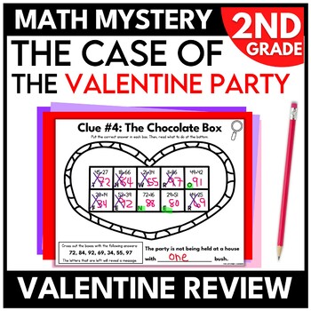 Preview of 2nd Grade Math Mystery Valentine's Day Escape Room Second Grade Math Review Game