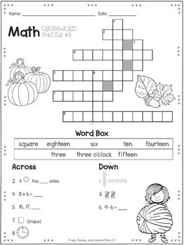 2nd Grade Math Crossword Puzzles - September By Frogs Fairies And 