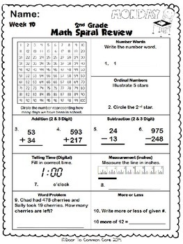 2nd Grade Math Spiral Review ~ 2nd Quarter by Door To Common Core