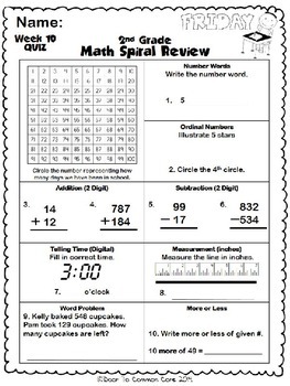 2nd grade math spiral review 2nd quarter by door to