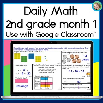 Preview of 2nd Grade Math Spiral Review Worksheet Warm Ups Morning Work Digital August BTS