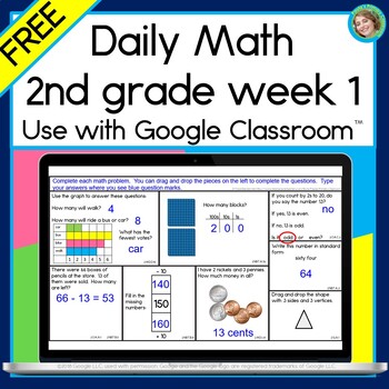 Preview of 2nd Grade Math Spiral Review Worksheet Warm Ups Morning Work Digital BTS FREE