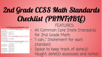 Preview of 2nd Grade Math Standard Checklist- PRINTABLE